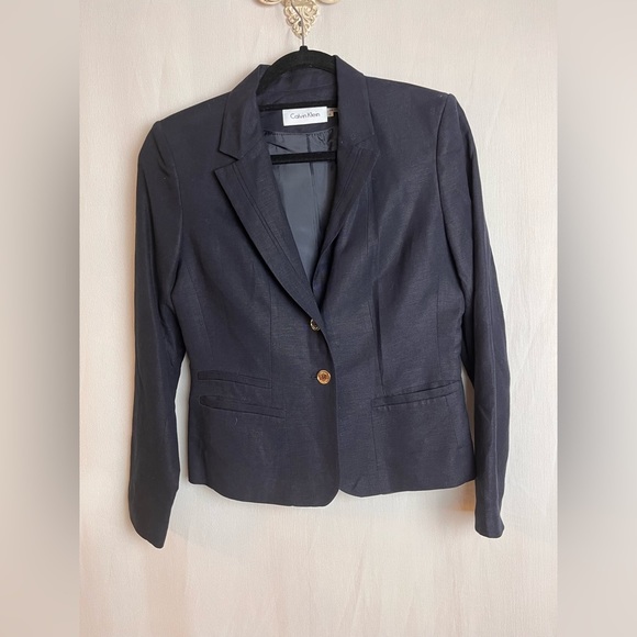 Calvin Klein navy Linen/Rayon blazer with gold buttons size 8 - Picture 1 of 5